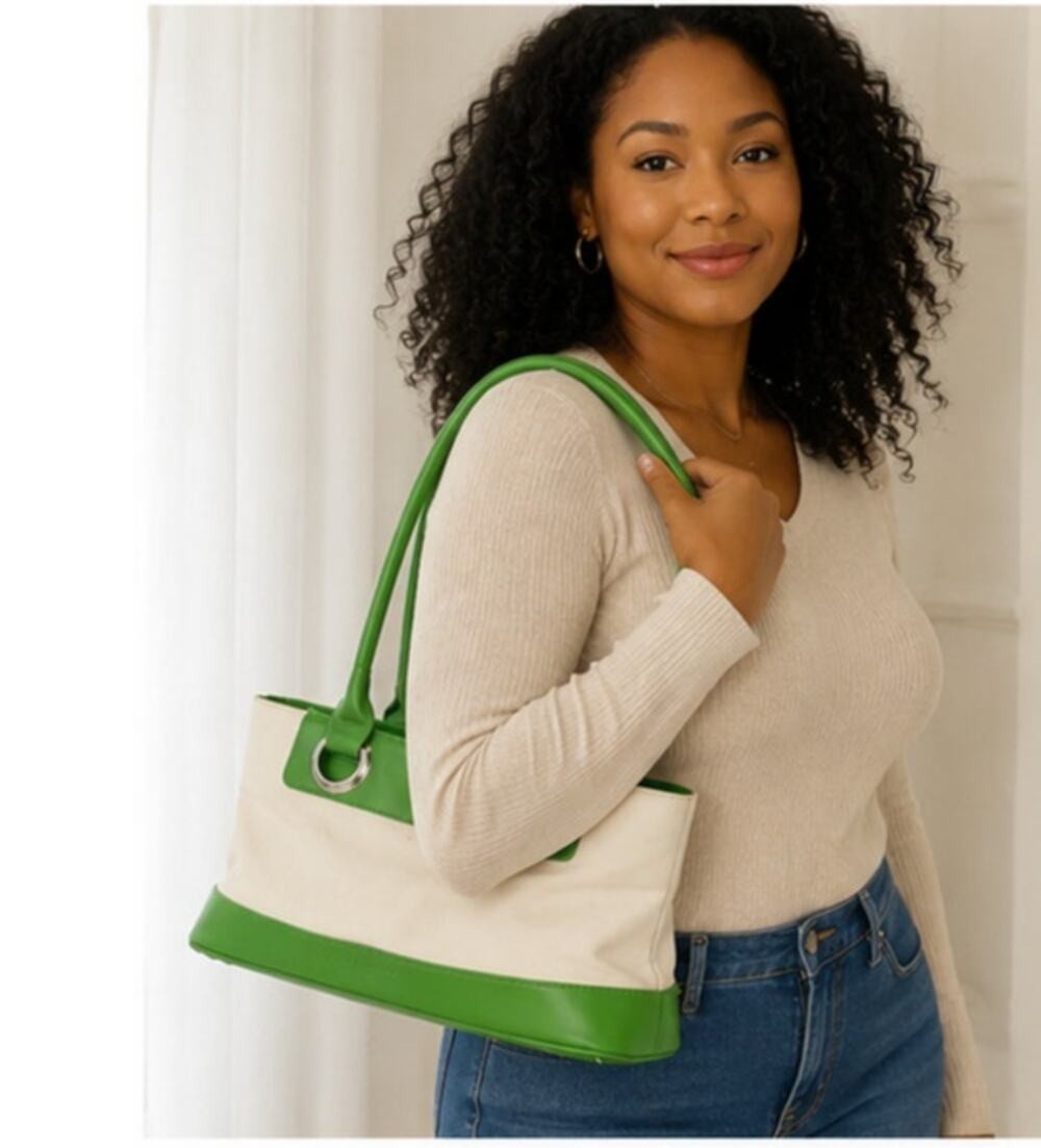 Isaac Mizrahi Green & White East West Canvas Shoulder Bag